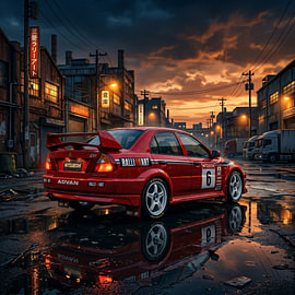 Mitsubishi Lancer Evolution VI JDM-sportberline – Illustratie met een ‘Industrial Twilight’-motief van The Deeper Way