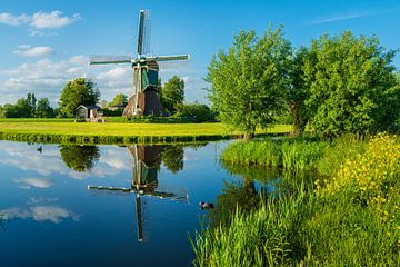 Moulin à vent en miroir dans un paysage de polders sur Coen Weesjes