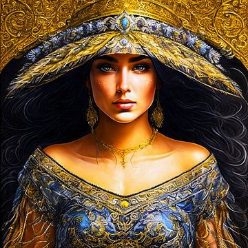 Woman with hat in blue silk and gold colour by A.D. Digital ART