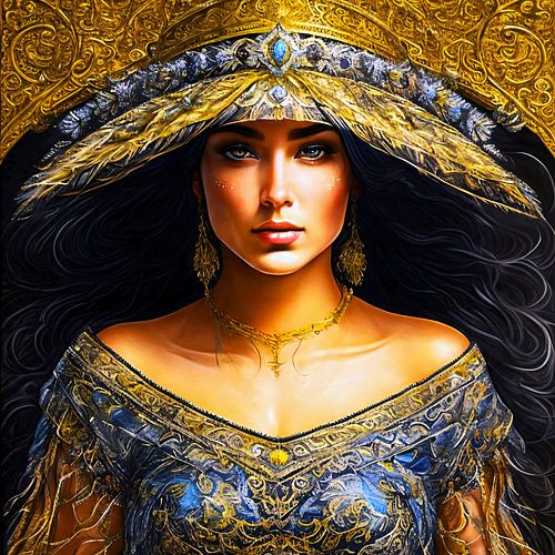 Vrouw met hoed van blauwe zijde en goudkleur