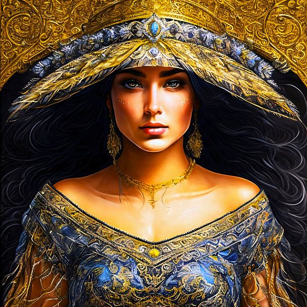 Woman with hat in blue silk and gold colour by A.D. Digital ART