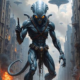 XYLORIX – An alien points toward its UFOs in the war of the worlds by INFERAURUM