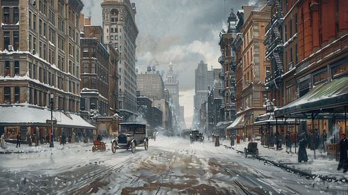 Painting of snowy street in New York city in early 20th century (KI)