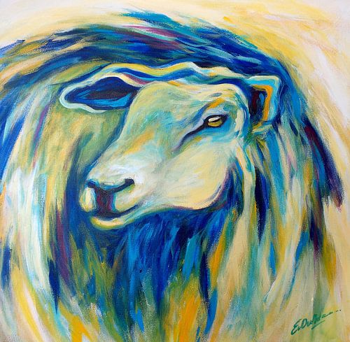 schilderij schaap in blauw