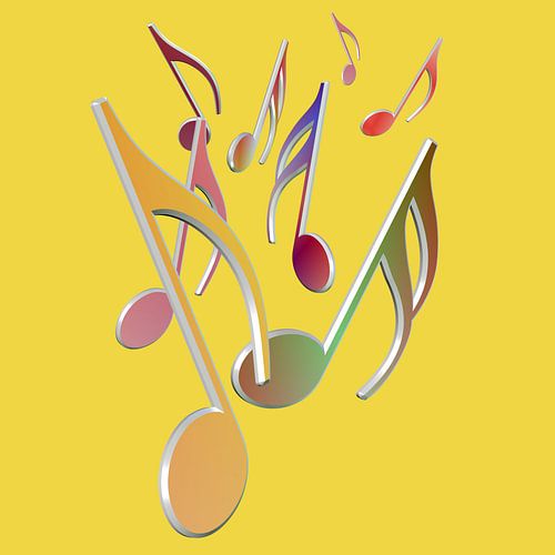 Bunte Musiknoten vor gelben Hintergrund