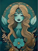 Femme mystique aux cheveux et feuilles flottants - Illustration d'art surréaliste