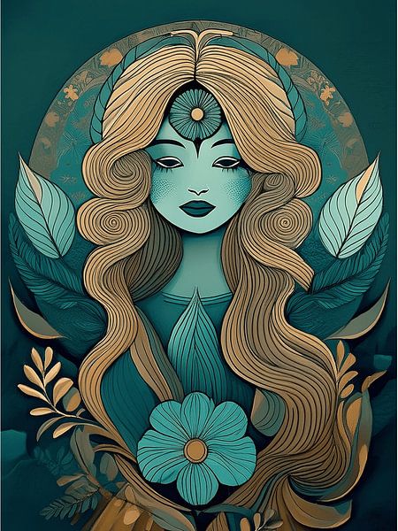 Mystical Woman with Flowing Hair and Leaves – Surreal Art Illustration by Ruliyreed