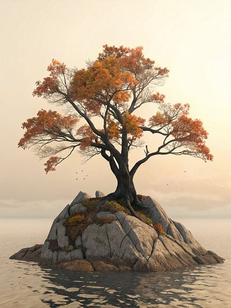 Resilient Solitude: A Vibrant Autumn Tree Anchored on a Rocky Islet in Tranquil Waters Under a Hazy Sky by Artistic