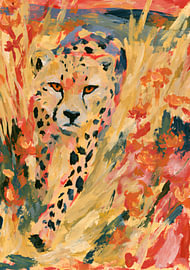 Cheetah in the tall grass – Expressive illustration in orange and yellow by Niklas Maximilian