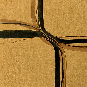 Minimalist abstract line art on linen: Ochre yellow