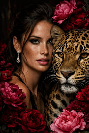 Wild Elegance – Vrouw met Luipaard en Rode Bloemen – Luxe Wildlife Portret – Romantische Botanische Wanddecoratie