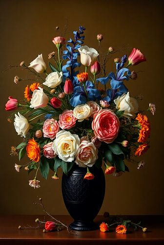 Bloemenpracht in Zwarte Vaas – Klassiek Stilleven