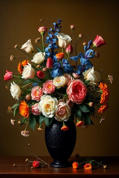 Flowers in Black Vase - Classic Still Life by Kleurenrijk