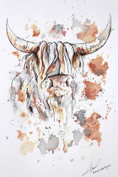 Aquarel schilderij van een schotse hooglander. Abstract kunstwerk met geel en oranje tint. van Emiel de Lange