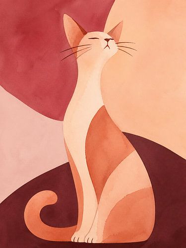 Eigenwijze kat in warme tinten (AI) (grappig, vrouwelijk, abstract, huisdier, poes, karakter)