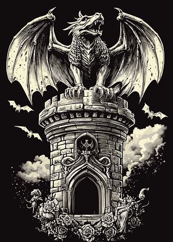 Draak op toren met vleermuizen