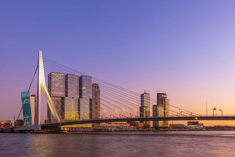 De Erasmusbrug in Rotterdam tijdens het gouden / blauwe uurtje in een kleurrijke gloed van Arjan Almekinders