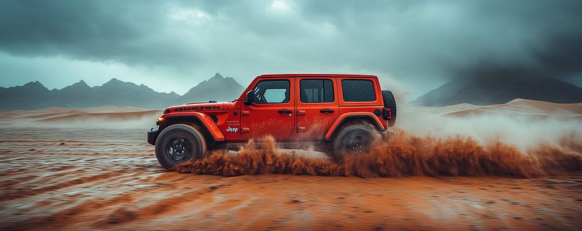 Rode Jeep Wrangler bij zonsondergang in de duinen van Lufy