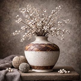 Kleiveld – landelijk bloemenschilderij met witte bessen in gevlochten vaas van Kleurenrijk