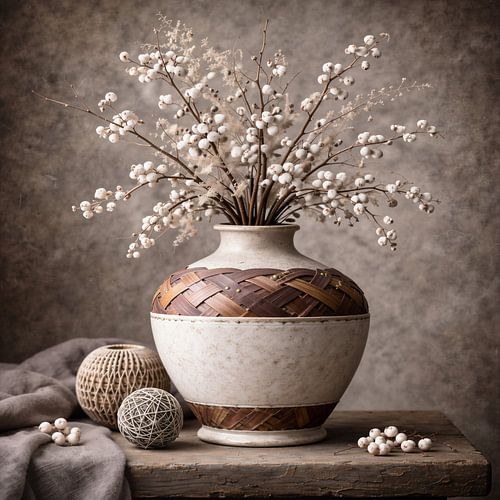 Champ d'argile – tableau floral champêtre avec des baies blanches dans un vase tressé