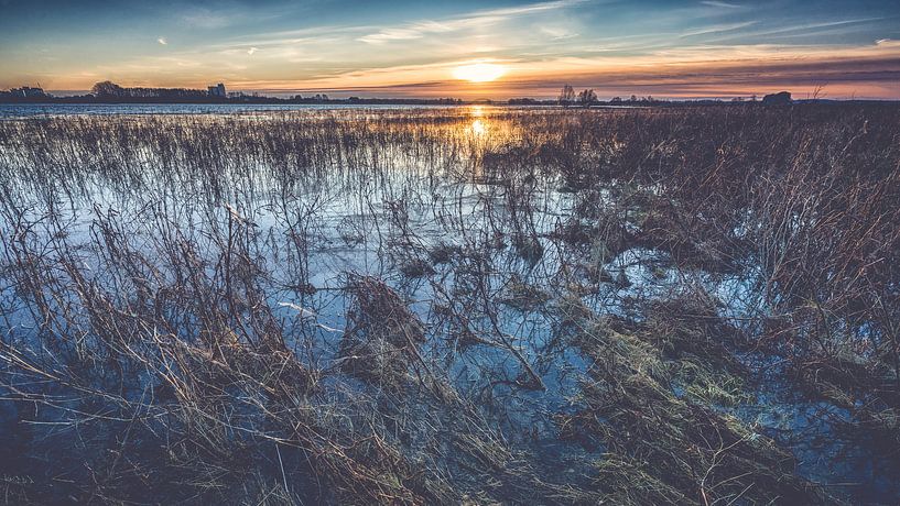 Landscape of flood plain And Sky with sunset on background by Fotografiecor .nl