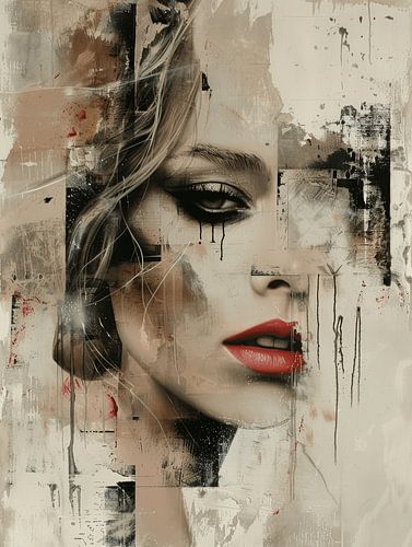 Portrait abstrait moderne dans des tons de terre et une touche de rouge