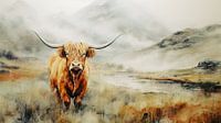 Scottish Highlander portrait in misty landscape