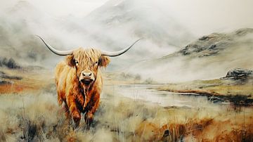 Schotse Hooglander aquarel portret in mistig landschap van Vlindertuin Art