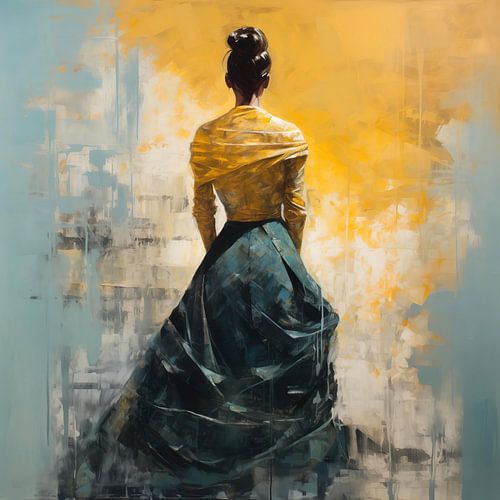 Victoriaanse vrouw in petrol en oker