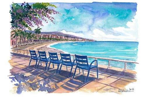 Nizza, Frankreich Promenade des Anglais Reisekunst mit blauen Stühlen