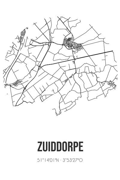 Zuiddorpe (Zeeland) | Map | Black and White by Prints of Place