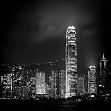 Skyline bij nacht, Hong Kong, China