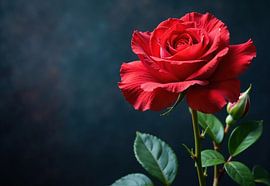 Rose rouge avec bouton et feuilles sur fond sombre sur Markus Gann