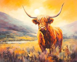Scottish highlander in golden sunlight