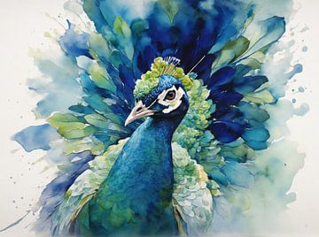 Abstract Peacock in green and Bleus