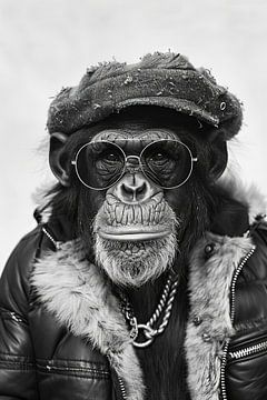 Chimpansee portret in zonnebril en winterjas van Felix Brönnimann