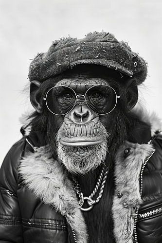 Chimpanzé en lunettes de soleil et veste d'hiver Portrait
