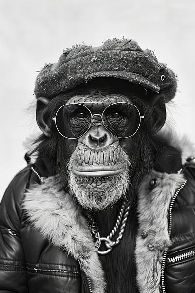 Chimpanzee portrait in sunglasses and winter jacket by Poster Art Shop