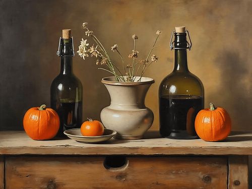 Stilleven met flessen en pompoenen