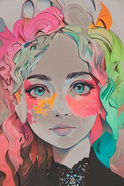 Portrait coloré d'une femme au regard innocent par Emiel de Lange