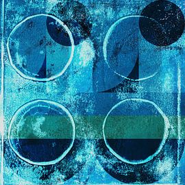 Moderne abstracte geometrische kunst met cirkels in retrostijl in blauw en groen van Dina Dankers