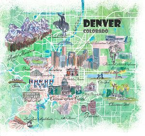 Geïllustreerde kaart van Denver Colorado USA met bezienswaardigheden en hoogtepunten van de hoofdweg van Markus Bleichner
