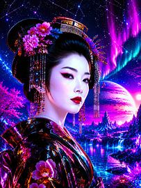 Kosmische geisha in het neon-droomland