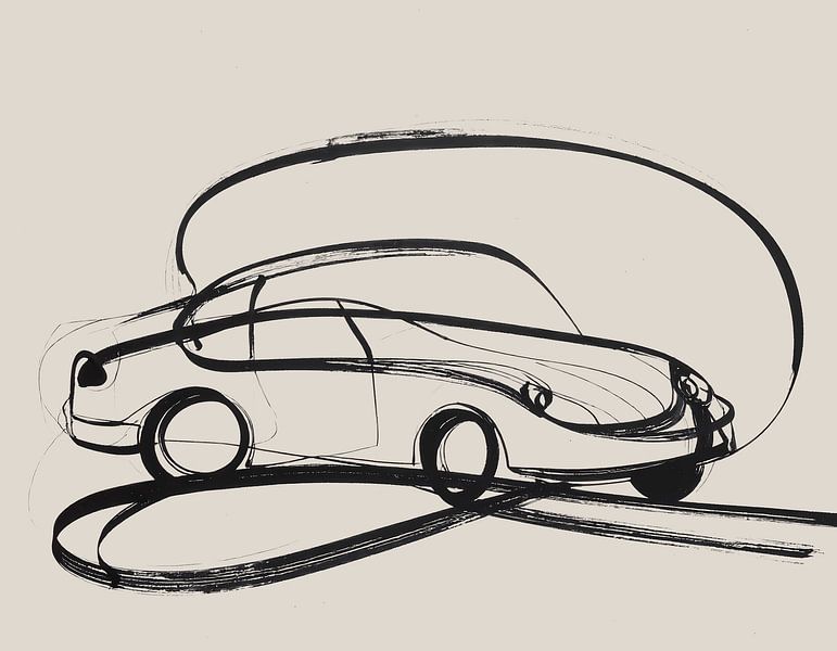 Minimal art - abstract artwork with black lines on beige background - car by Emiel de Lange