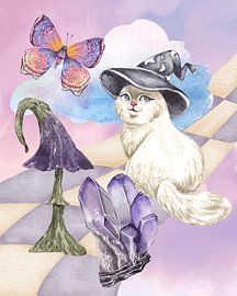 Zauberhafte Katze mit magischem Pilz und Schmetterling – traumhafter Wandbilddruck von Fuzzy Stardust Studio