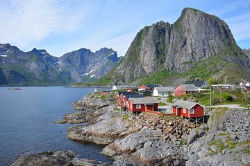 Rode vissershuisjes en bergen op de Lofoten van My Footprints