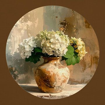 Nature morte rustique : Hortensias blancs dans une cruche en terre sur Studio Pieternel