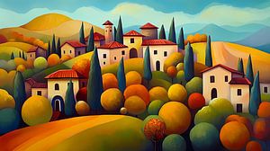 Paysage coloré de Toscane en automne, art naïf