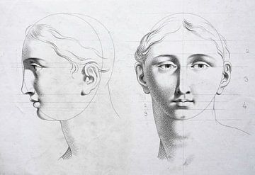 Oude studie van een hoofd, voor- en zijaanzicht, in zwart-wit van Henk Vrieselaar