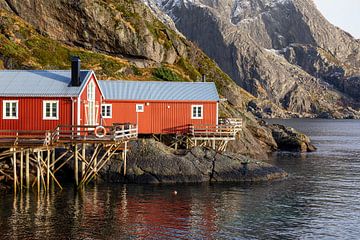 Rode houten hut bij het water